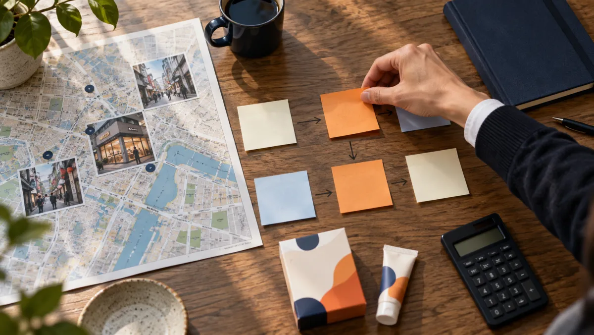 A hand rearranging a launch plan beside product samples and a retail map