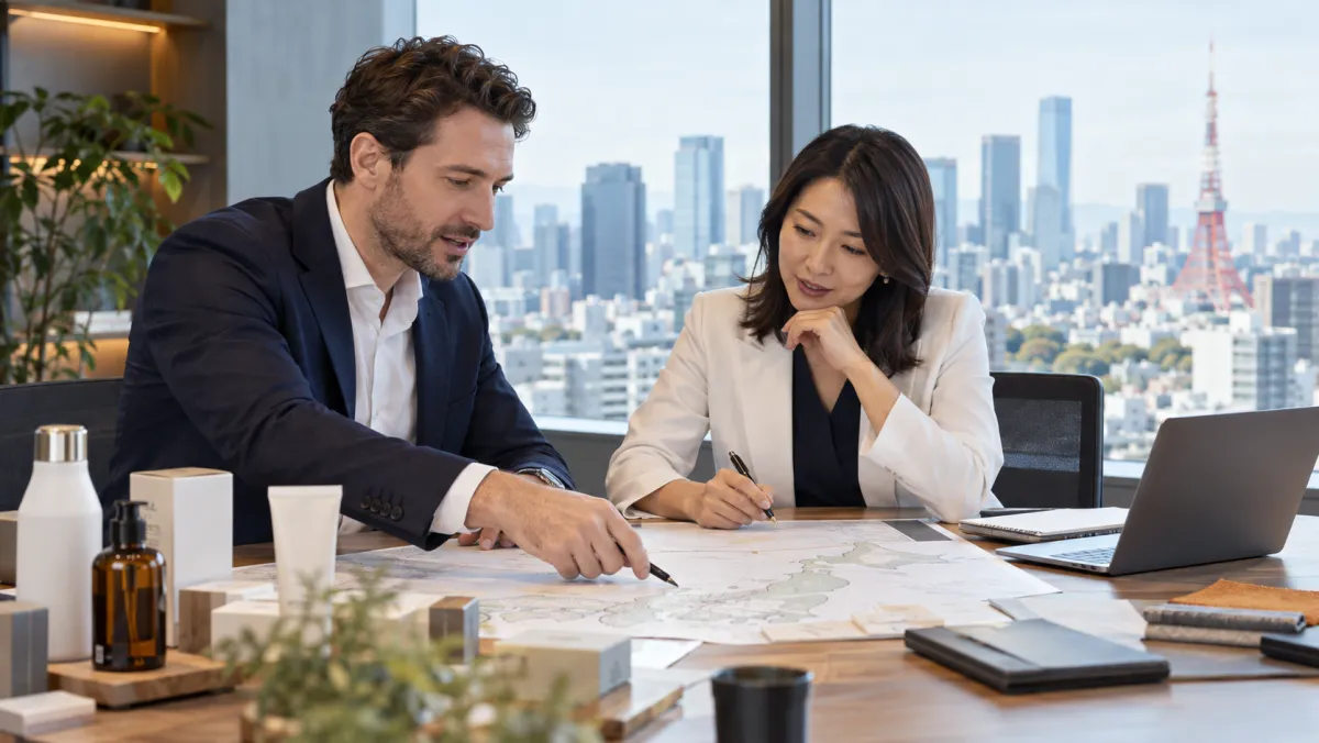 Product samples and a market map reviewed during a sales planning discussion